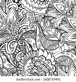 Tracery seamless pattern. Mehndi design. Ethnic monochrome binary doodle texture. Curved doodling black and white background. Vector