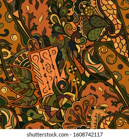 Tracery seamless pattern. Mehndi design. Ethnic colorful doodle texture. Curved doodling background. Vector