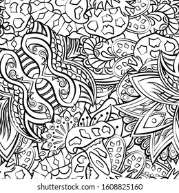 Tracery seamless pattern. Mehndi design. Ethnic monochrome binary doodle texture. Curved doodling black and white background. Vector