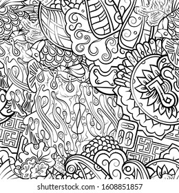 Tracery seamless pattern. Mehndi design. Ethnic monochrome binary doodle texture. Curved doodling black and white background. Vector