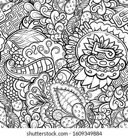 Tracery seamless pattern. Mehndi design. Ethnic monochrome binary doodle texture. Curved doodling black and white background. Vector