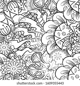 Tracery seamless pattern. Mehndi design. Ethnic monochrome binary doodle texture. Curved doodling black and white background. Vector