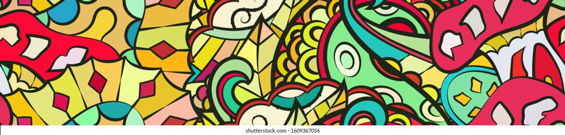 Tracery seamless pattern. Mehndi design. Ethnic colorful doodle texture. Curved doodling background. Vector