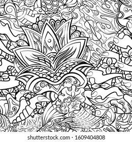 Tracery seamless pattern. Mehndi design. Ethnic monochrome binary doodle texture. Curved doodling black and white background. Vector