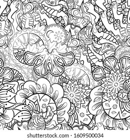 Tracery seamless pattern. Mehndi design. Ethnic monochrome binary doodle texture. Curved doodling black and white background. Vector