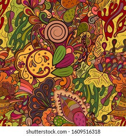 Tracery seamless pattern. Mehndi design. Ethnic colorful doodle texture. Curved doodling background. Vector