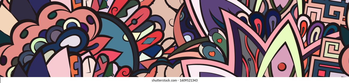 Tracery seamless pattern. Mehndi design. Ethnic colorful doodle texture. Curved doodling background. Vector