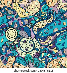 Tracery seamless pattern. Mehndi design. Ethnic colorful doodle texture. Curved doodling background. Vector