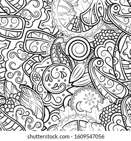 Tracery seamless pattern. Mehndi design. Ethnic monochrome binary doodle texture. Curved doodling black and white background. Vector