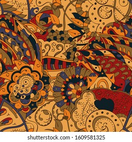 Tracery seamless pattern. Mehndi design. Ethnic colorful doodle texture. Curved doodling background. Vector