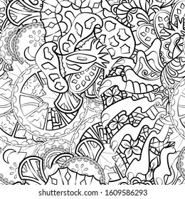 Tracery seamless pattern. Mehndi design. Ethnic monochrome binary doodle texture. Curved doodling black and white background. Vector