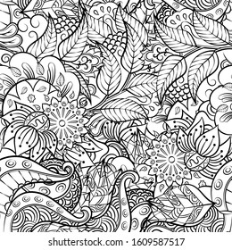 Tracery seamless pattern. Mehndi design. Ethnic monochrome binary doodle texture. Curved doodling black and white background. Vector