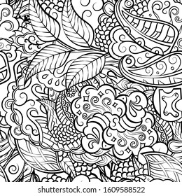 Tracery seamless pattern. Mehndi design. Ethnic monochrome binary doodle texture. Curved doodling black and white background. Vector