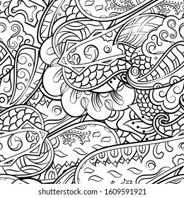 Tracery seamless pattern. Mehndi design. Ethnic monochrome binary doodle texture. Curved doodling black and white background. Vector