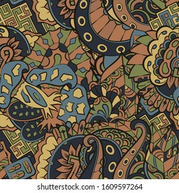 Tracery seamless pattern. Mehndi design. Ethnic colorful doodle texture. Curved doodling background. Vector