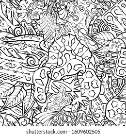 Tracery seamless pattern. Mehndi design. Ethnic monochrome binary doodle texture. Curved doodling black and white background. Vector