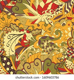 Tracery seamless pattern. Mehndi design. Ethnic colorful doodle texture. Curved doodling background. Vector