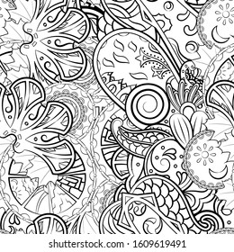 Tracery seamless pattern. Mehndi design. Ethnic monochrome binary doodle texture. Curved doodling black and white background. Vector
