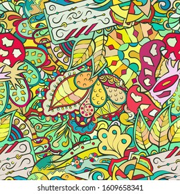 Tracery seamless pattern. Mehndi design. Ethnic colorful doodle texture. Curved doodling background. Vector