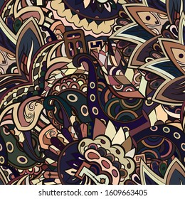 Tracery seamless pattern. Mehndi design. Ethnic colorful doodle texture. Curved doodling background. Vector