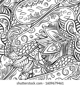 Tracery seamless pattern. Mehndi design. Ethnic monochrome binary doodle texture. Curved doodling black and white background. Vector
