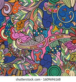 Tracery seamless pattern. Mehndi design. Ethnic colorful doodle texture. Curved doodling background. Vector