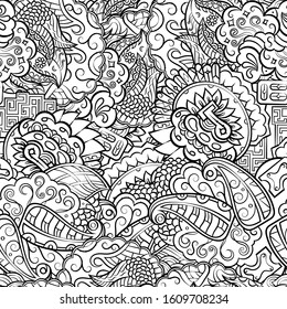 Tracery seamless pattern. Mehndi design. Ethnic monochrome binary doodle texture. Curved doodling black and white background. Vector