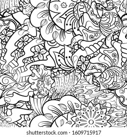 Tracery seamless pattern. Mehndi design. Ethnic monochrome binary doodle texture. Curved doodling black and white background. Vector