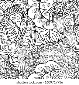 Tracery seamless pattern. Mehndi design. Ethnic monochrome binary doodle texture. Curved doodling black and white background. Vector