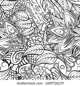 Tracery seamless pattern. Mehndi design. Ethnic monochrome binary doodle texture. Curved doodling black and white background. Vector