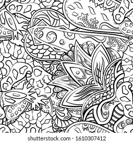 Tracery seamless pattern. Mehndi design. Ethnic monochrome binary doodle texture. Curved doodling black and white background. Vector