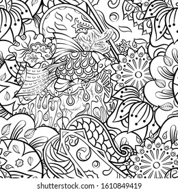 Tracery seamless pattern. Mehndi design. Ethnic monochrome binary doodle texture. Curved doodling black and white background. Vector