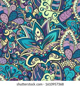 Tracery seamless pattern. Mehndi design. Ethnic colorful doodle texture. Curved doodling background. Vector