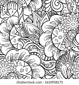 Tracery seamless pattern. Mehndi design. Ethnic monochrome binary doodle texture. Curved doodling black and white background. Vector