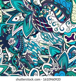 Tracery seamless pattern. Mehndi design. Ethnic colorful doodle texture. Curved doodling background. Vector