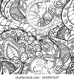 Tracery seamless pattern. Mehndi design. Ethnic monochrome binary doodle texture. Curved doodling black and white background. Vector