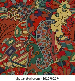 Tracery seamless pattern. Mehndi design. Ethnic colorful doodle texture. Curved doodling background. Vector