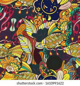 Tracery seamless pattern. Mehndi design. Ethnic colorful doodle texture. Curved doodling background. Vector