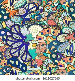 Tracery seamless pattern. Mehndi design. Ethnic colorful doodle texture. Curved doodling background. Vector