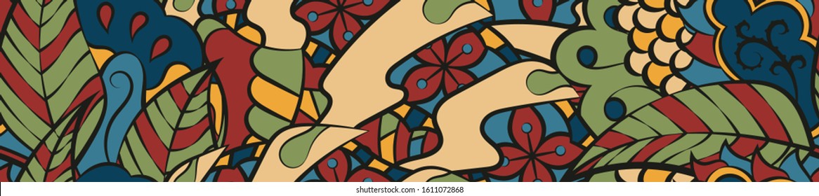 Tracery seamless pattern. Mehndi design. Ethnic colorful doodle texture. Curved doodling background. Vector