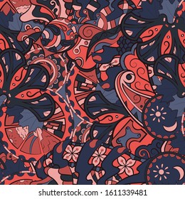 Tracery seamless pattern. Mehndi design. Ethnic colorful doodle texture. Curved doodling background. Vector