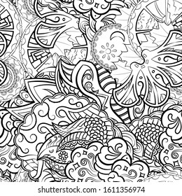 Tracery seamless pattern. Mehndi design. Ethnic monochrome binary doodle texture. Curved doodling black and white background. Vector