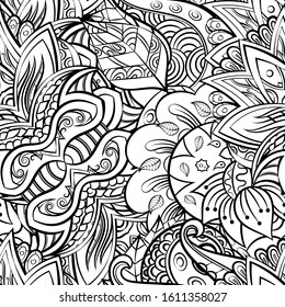 Tracery seamless pattern. Mehndi design. Ethnic monochrome binary doodle texture. Curved doodling black and white background. Vector