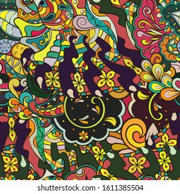 Tracery seamless pattern. Mehndi design. Ethnic colorful doodle texture. Curved doodling background. Vector