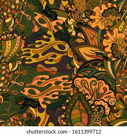 Tracery seamless pattern. Mehndi design. Ethnic colorful doodle texture. Curved doodling background. Vector