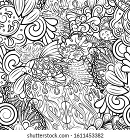 Tracery seamless pattern. Mehndi design. Ethnic monochrome binary doodle texture. Curved doodling black and white background. Vector