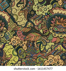 Tracery seamless pattern. Mehndi design. Ethnic colorful doodle texture. Curved doodling background. Vector