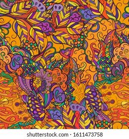 Tracery seamless pattern. Mehndi design. Ethnic colorful doodle texture. Curved doodling background. Vector
