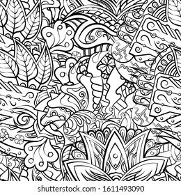 Tracery seamless pattern. Mehndi design. Ethnic monochrome binary doodle texture. Curved doodling black and white background. Vector