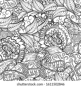 Tracery seamless pattern. Mehndi design. Ethnic monochrome binary doodle texture. Curved doodling black and white background. Vector